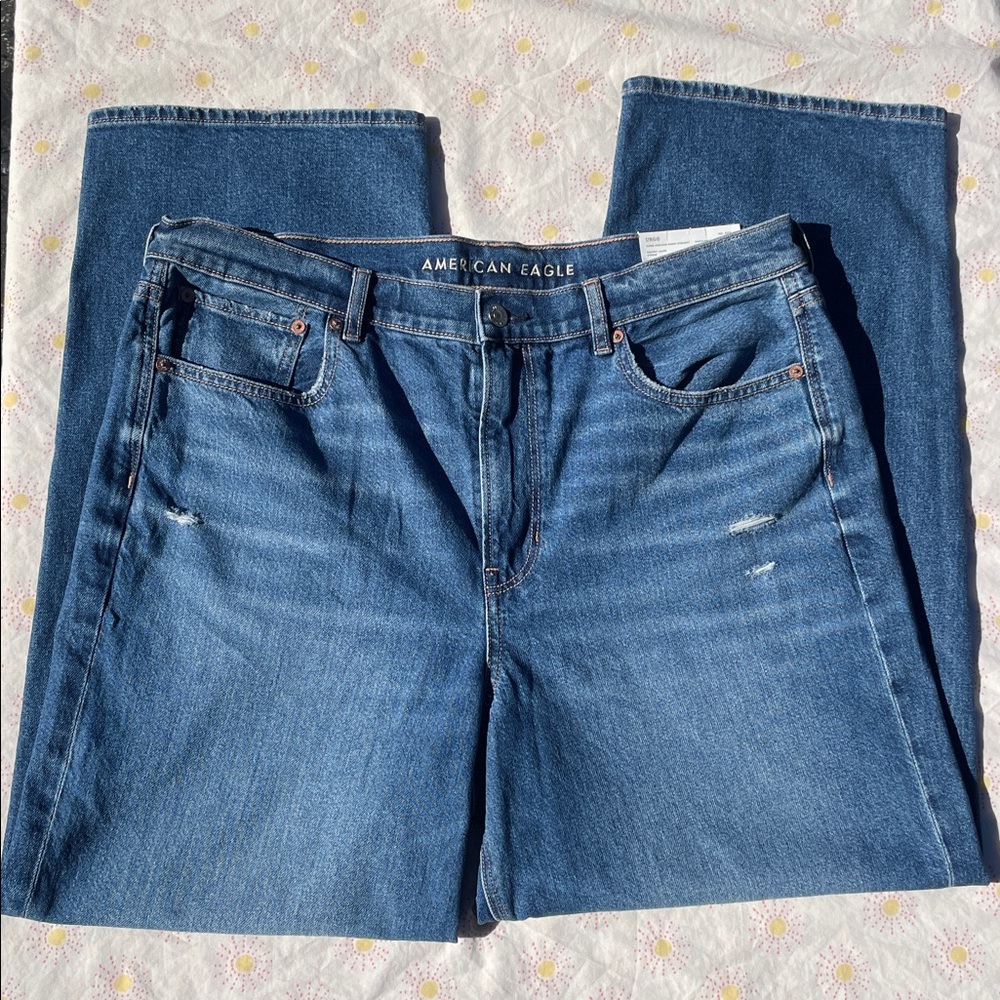 NWT American Eagle Super High Rise Baggy Straight Strigid Blue Denim Jeans
